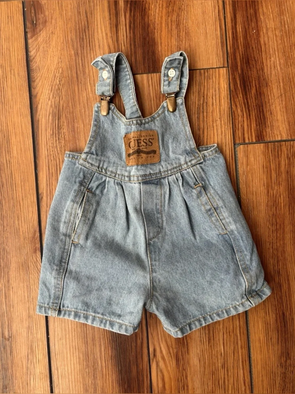 Vintage RARE 90's Baby Guess Denim Shorts Overalls  Sz 12M USA Y2K Leather Tag